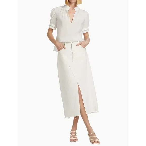 NEW Frame white Linen-Blend Ruffle-Trimmed Top Size XS